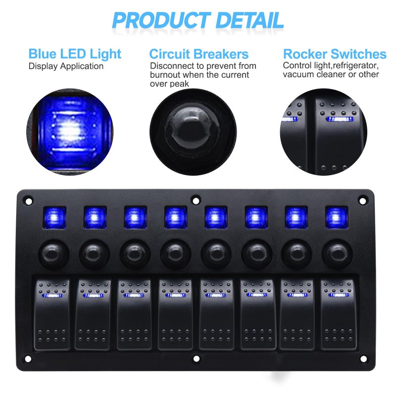 Geloo 8 Gang Marine Switch Panel, Boat Rocker Switch Panel Waterproof, 12V Aluminum Switch Panel, Marine Toggle Switches ON/Off with Circuit Breaker 5A 10A 15A for Car RV Truck (Blue) - Image 4